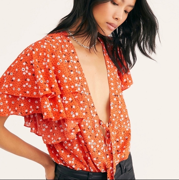 Free People Tops - Free People Floral Ruffle Sleeve Bodysuit